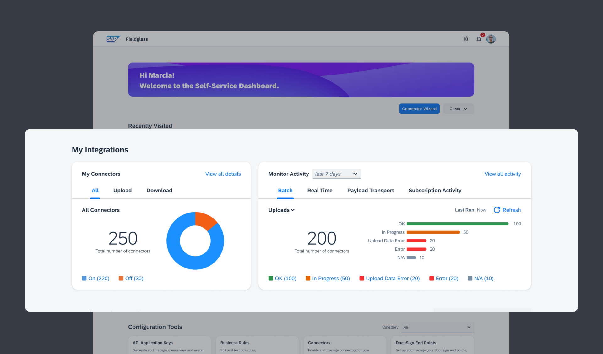 The My Integrations widgets showing a My Connectors donut chart and a Monitor Activity status breakdown