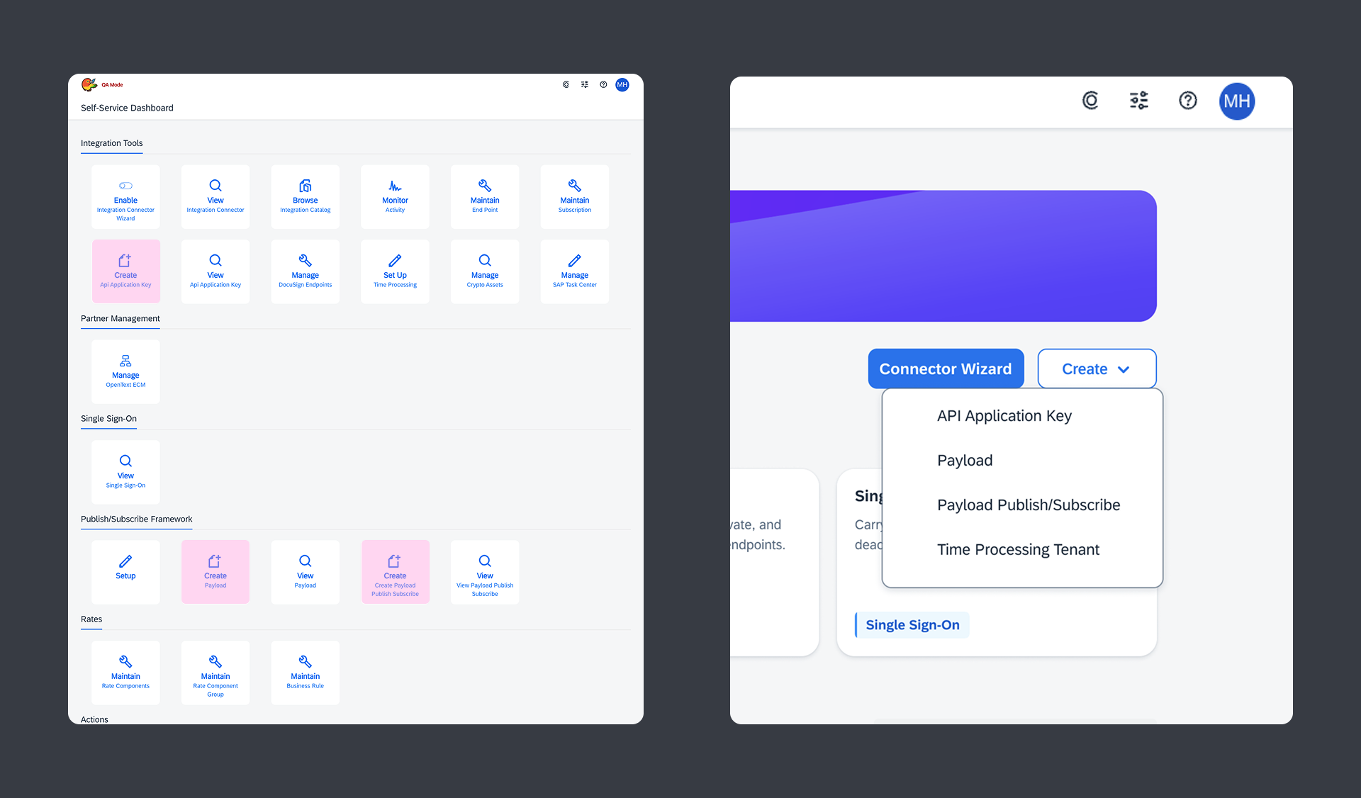 A unified Create dropdown menu that consolidates the create actions previously spread across many tiles