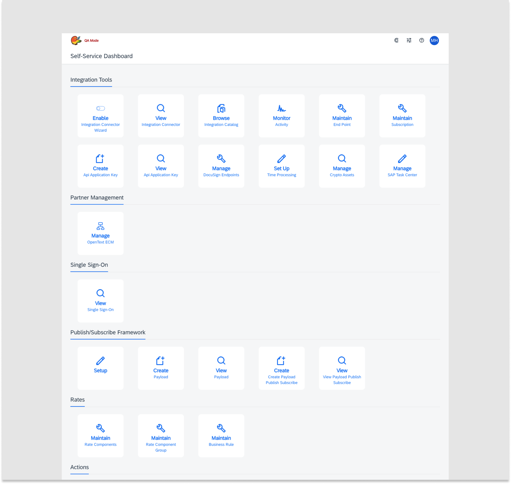 The old Self-Service Dashboard densely packed with feature tiles grouped under many category headings