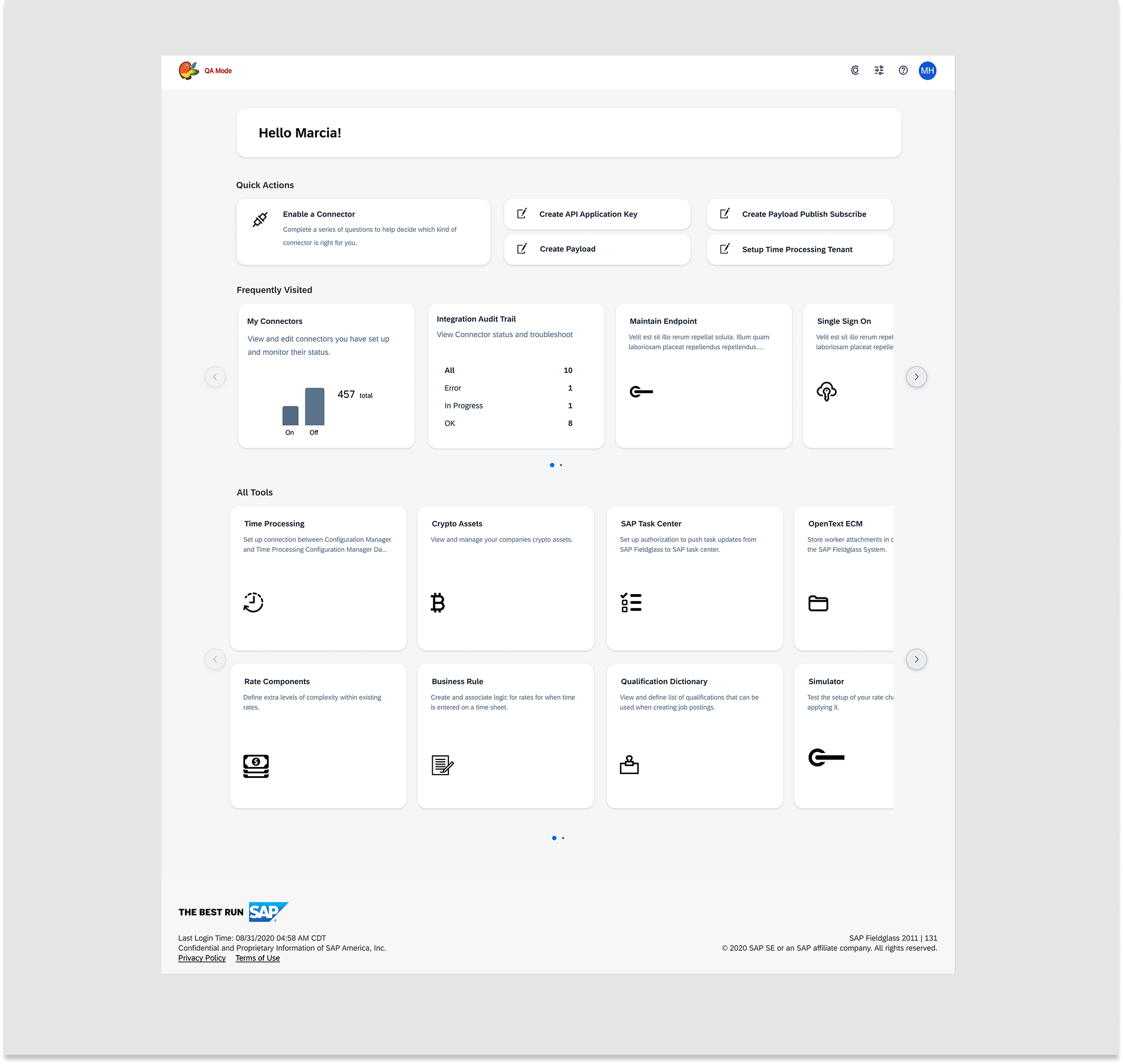 Hand-drawn wireframes annotating a quick actions section, an integration status widget, and a connectors on/off count widget
