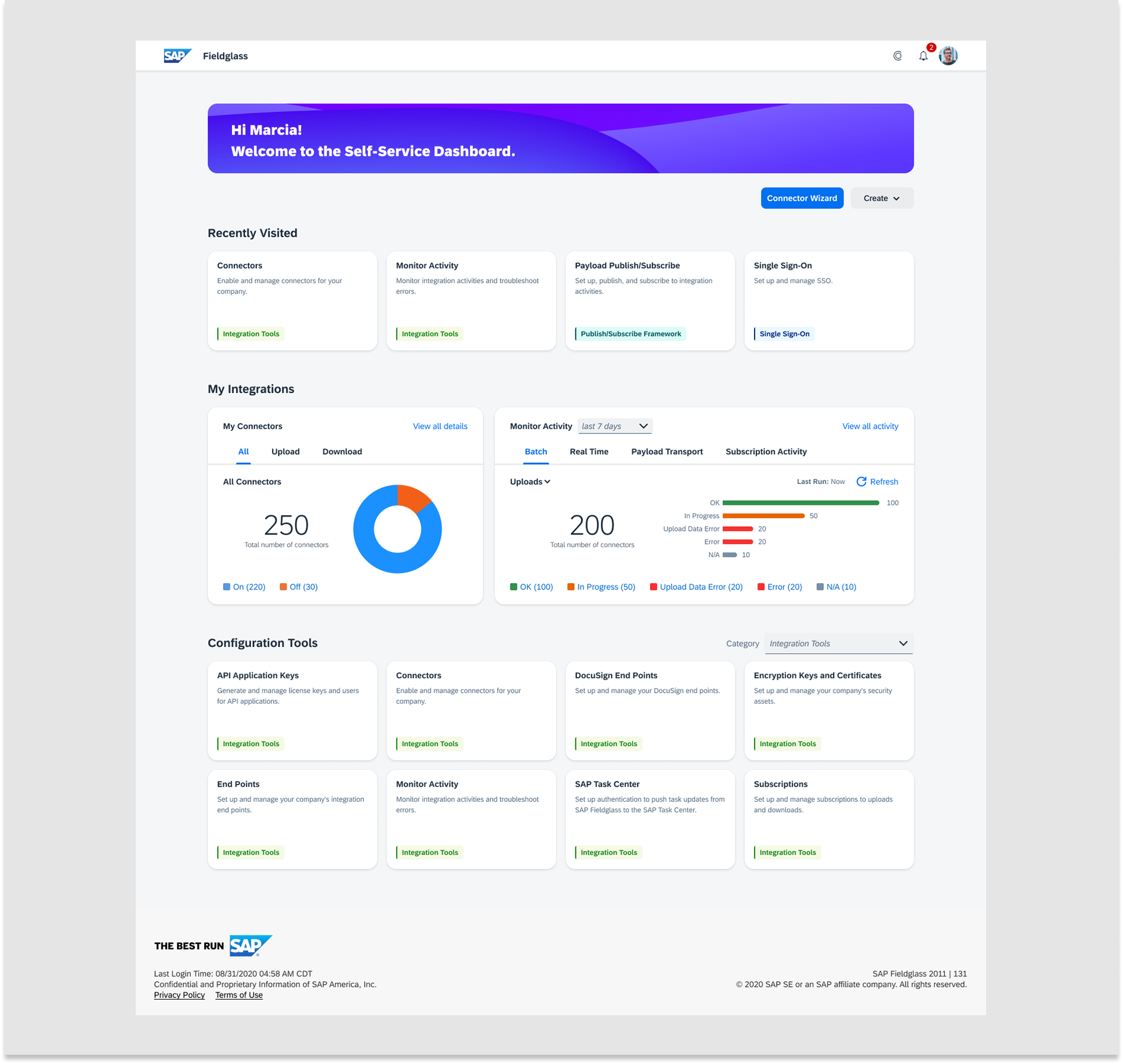 The high-fidelity redesigned Self-Service Dashboard with a welcome banner, Recently Visited cards, My Connectors donut chart, Monitor Activity widget, and Configuration Tools