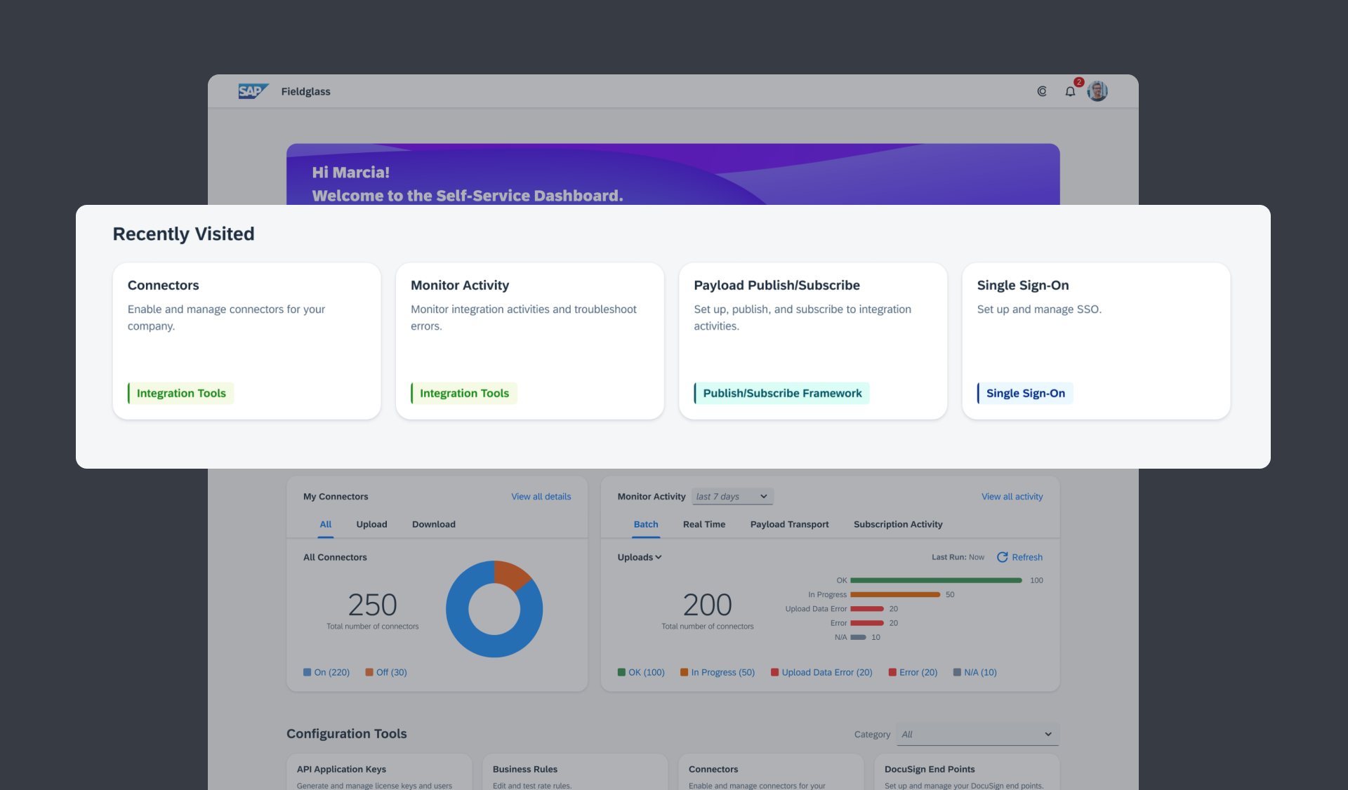 A close-up of the Recently Visited cards for Connectors, Monitor Activity, Payload Publish/Subscribe, and Single Sign-On