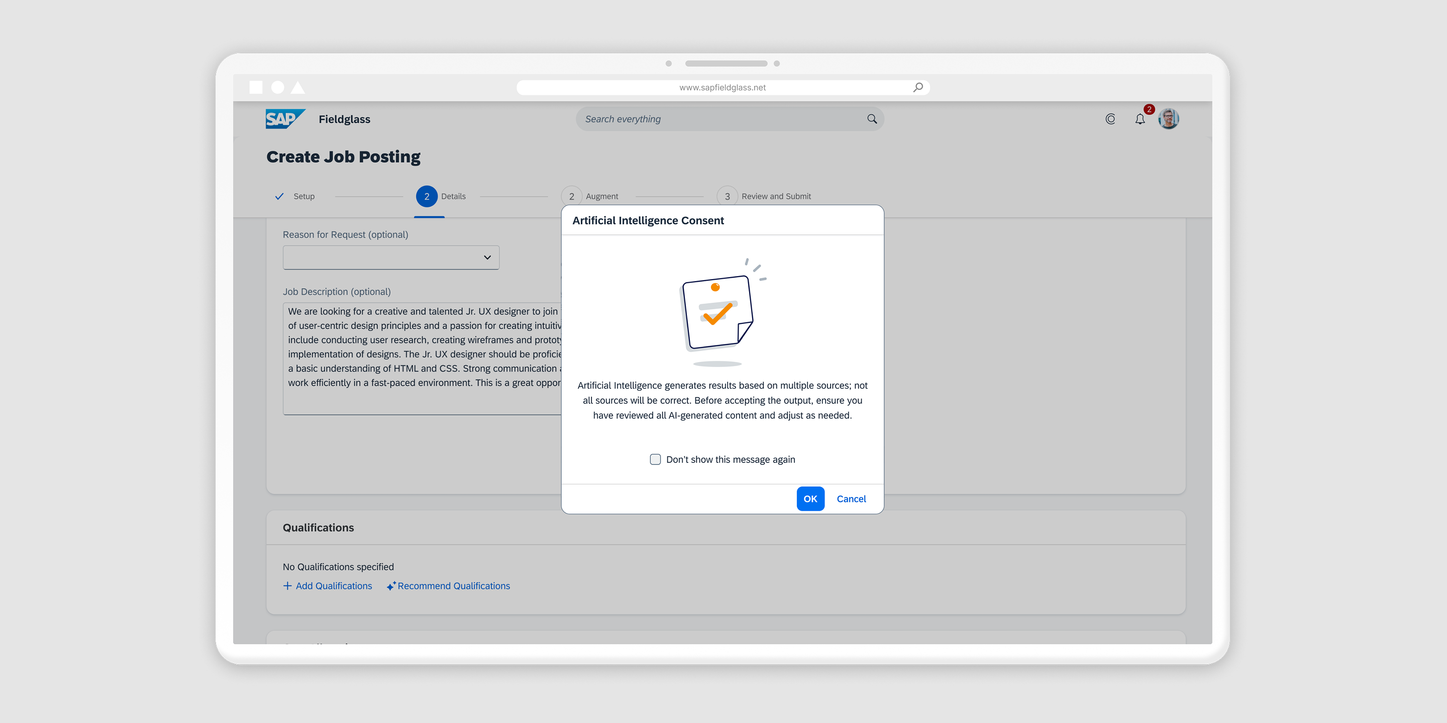 Artificial Intelligence Consent modal explaining that AI-generated results should be reviewed before accepting, with a do not show again checkbox and OK and Cancel actions