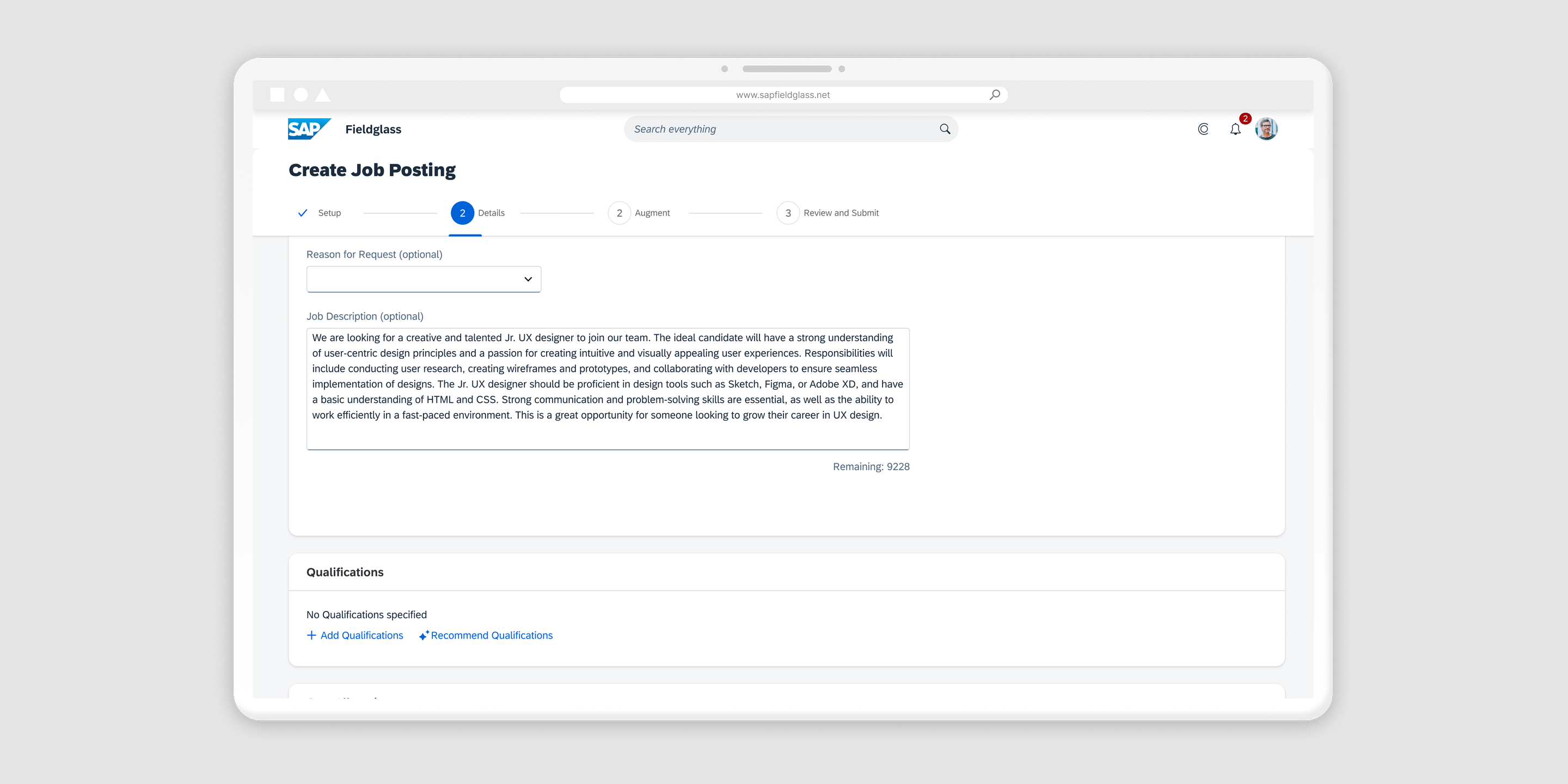 SAP Fieldglass Create Job Posting form with a reason for request dropdown, a job description text area, and a qualifications section with a Recommend Qualifications action