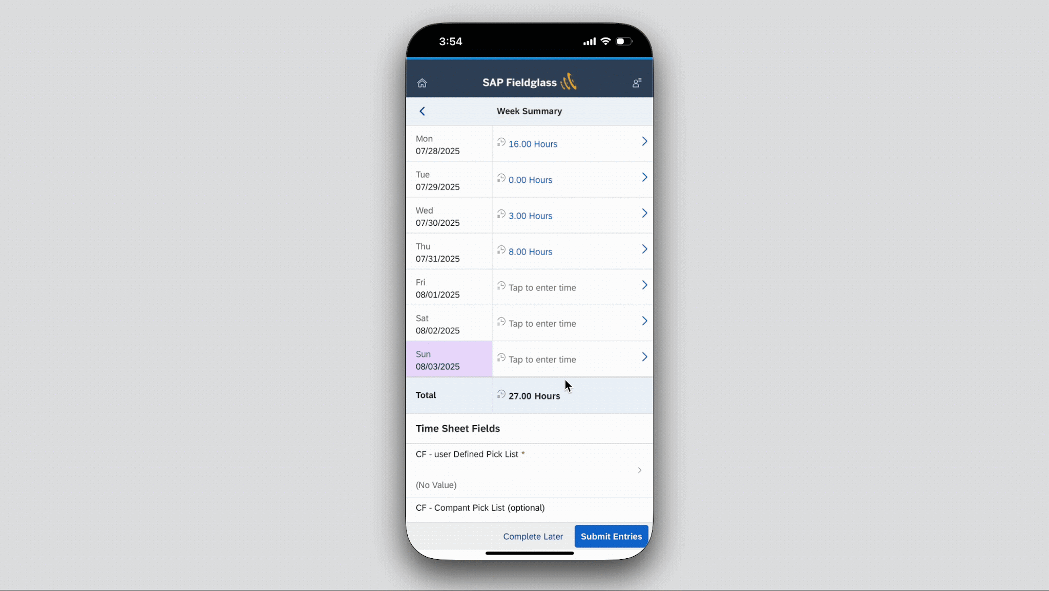 Animation of the original SAP Time Entry mobile flow showing how tedious it was to enter time