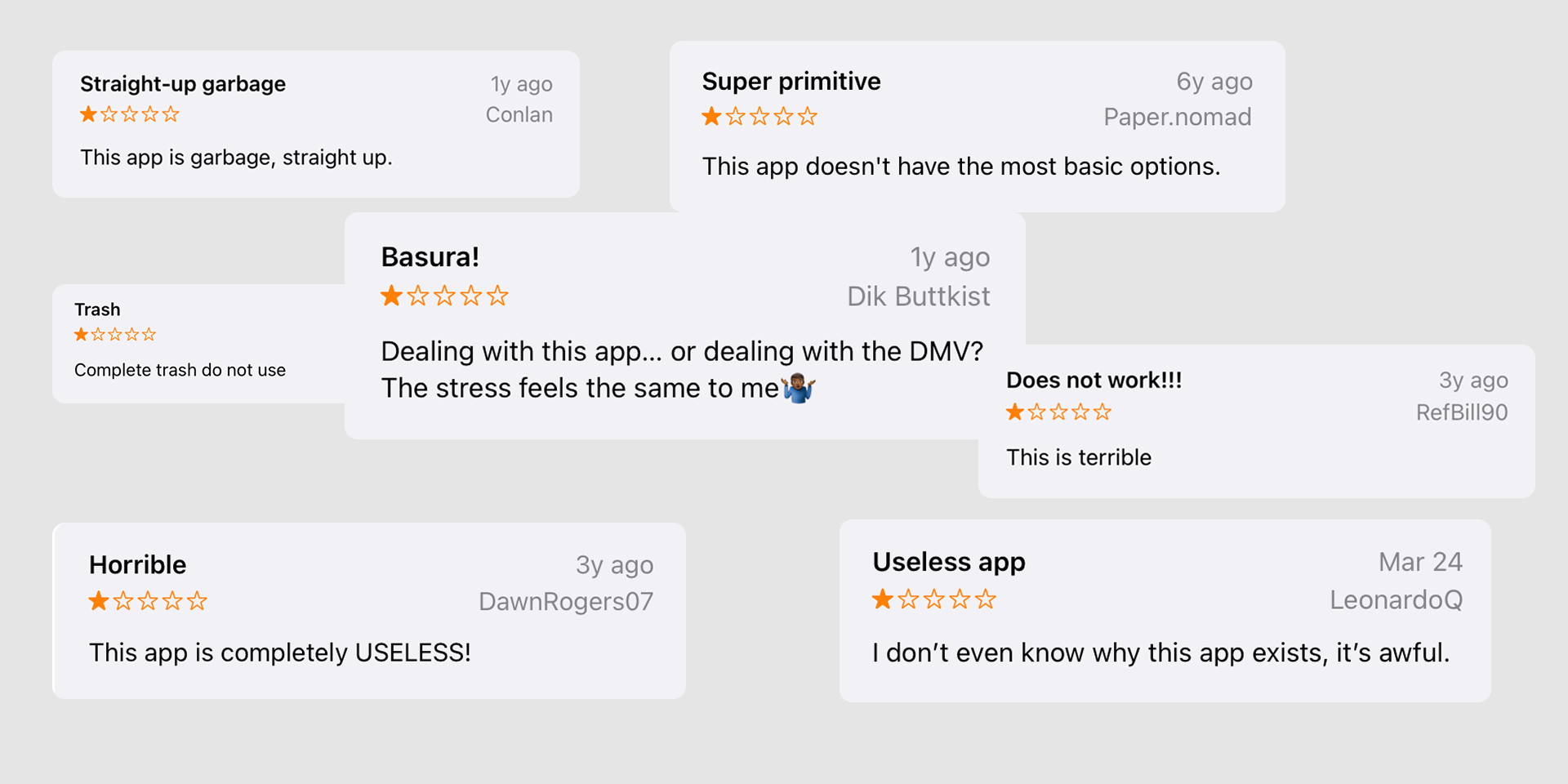 A collection of poor App Store and Google Play reviews criticizing the original time entry app