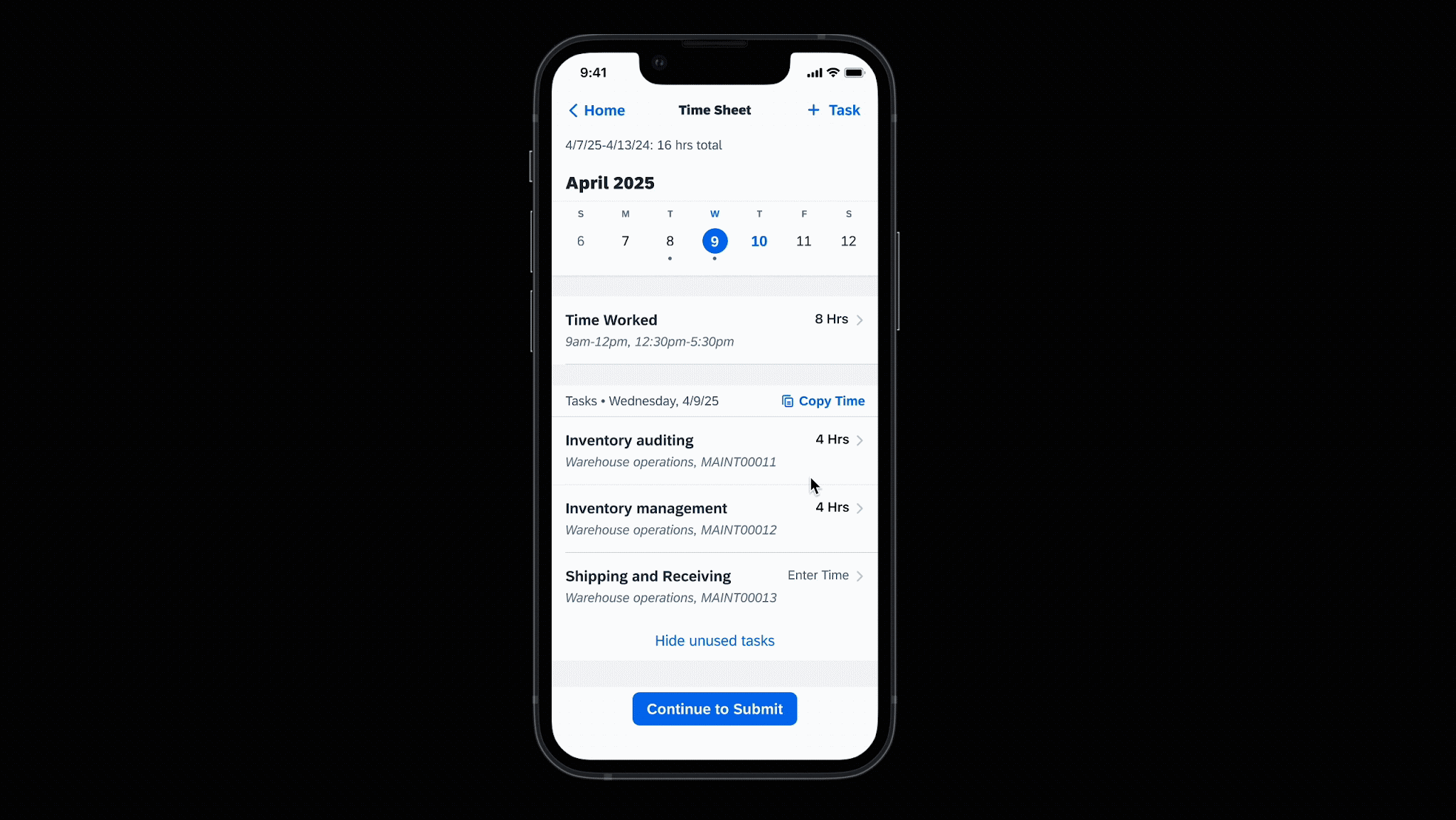 Animation of the redesigned time entry flow, completing a weekly time sheet in just a few clicks