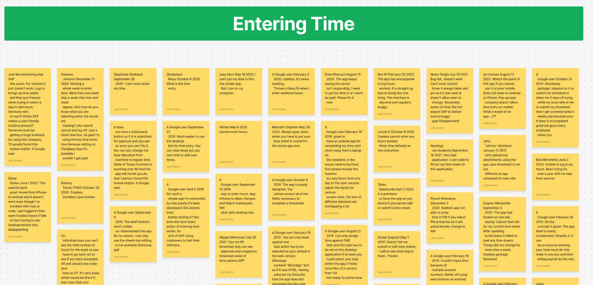 Manually recorded App Store and Google Play reviews compiled into a spreadsheet