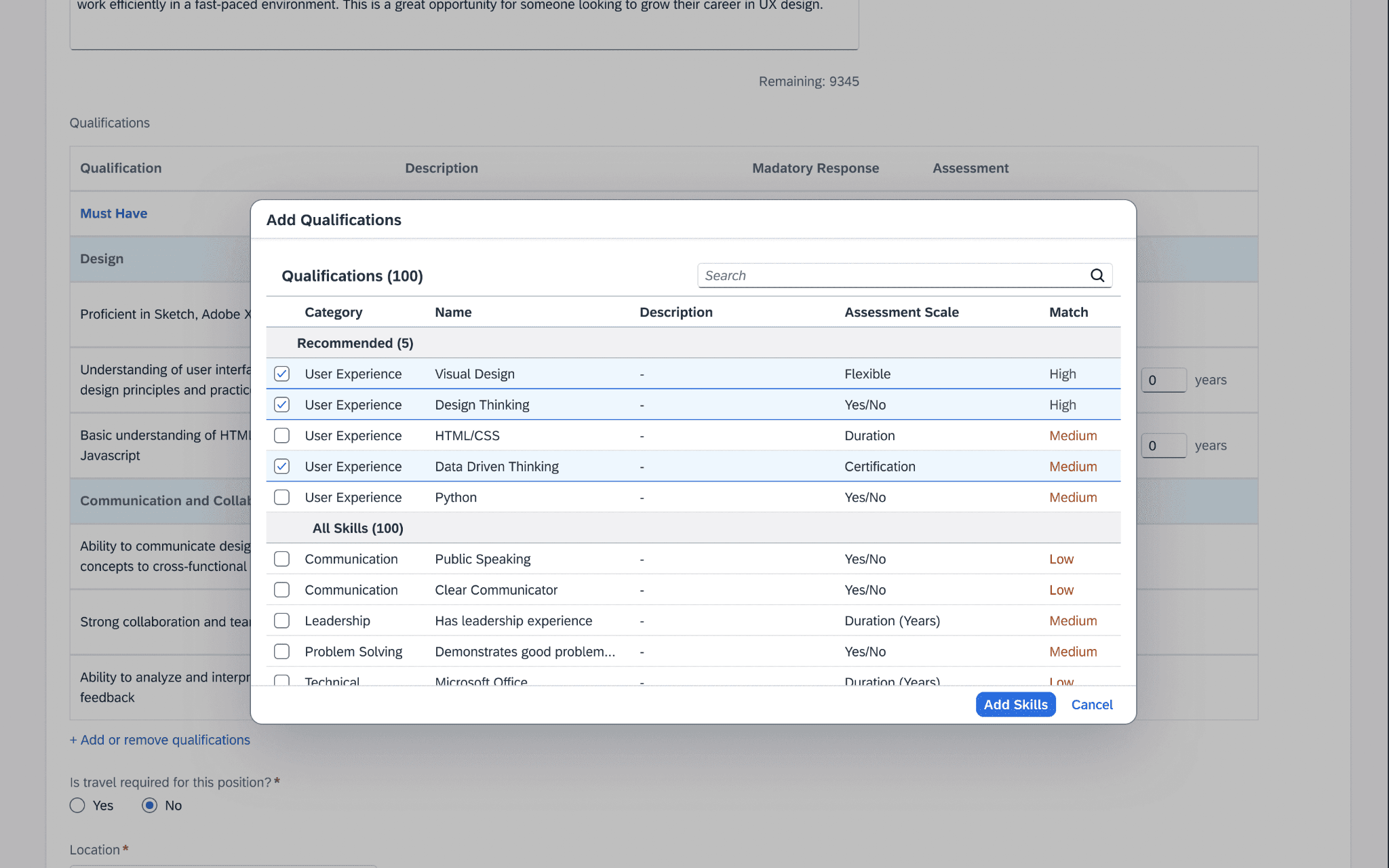 An Add Qualifications modal opening directly on top of the existing job posting form, with recommended items surfaced inline
